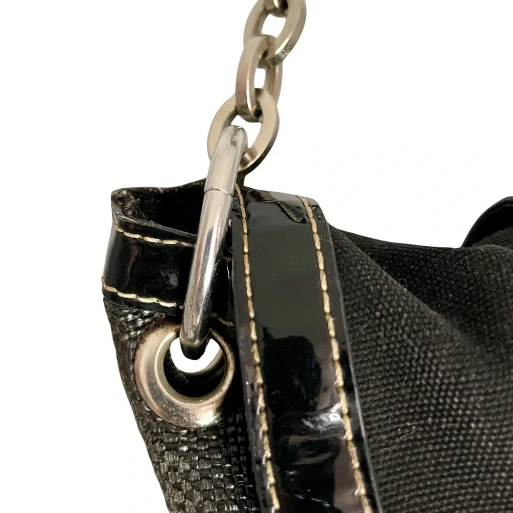 White House Black Market Hobo Chain Satchel Black Shoulder Bag WovenCanvas Vinyl